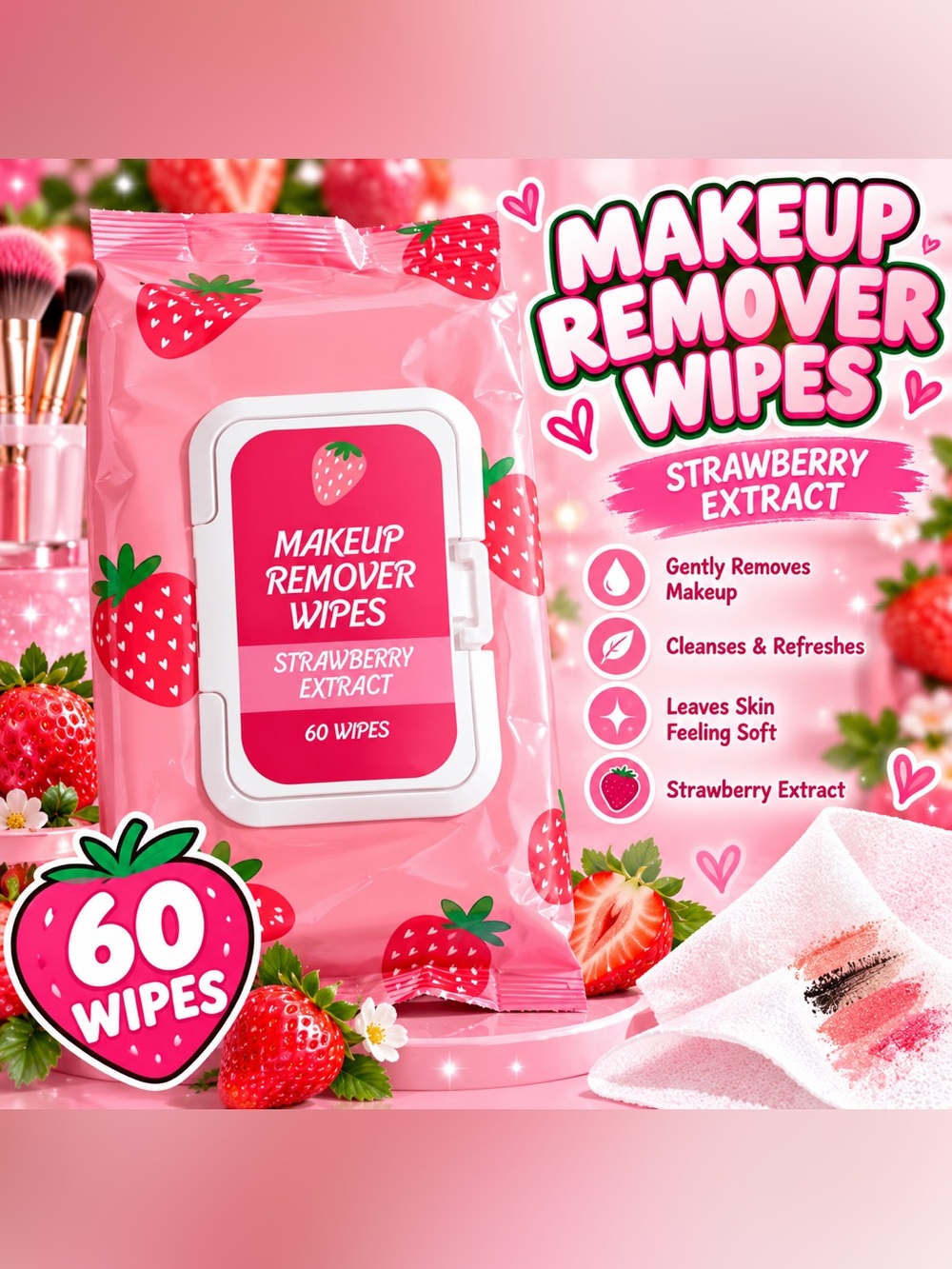 Strawberry Makeup Remover Wipes - 🍓(60 Wipes)